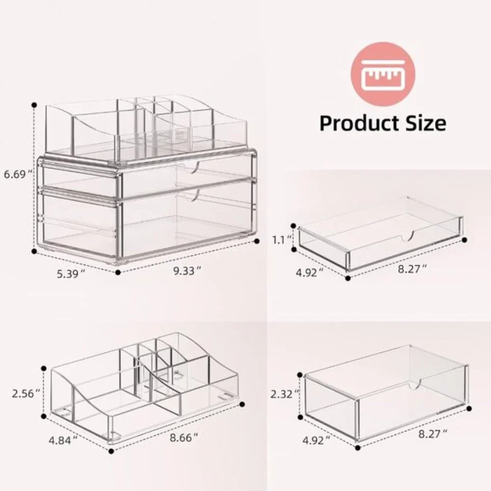 New 3-Tier Clear Makeup Organizer with Drawer, Stackable Acrylic Vanity Storage